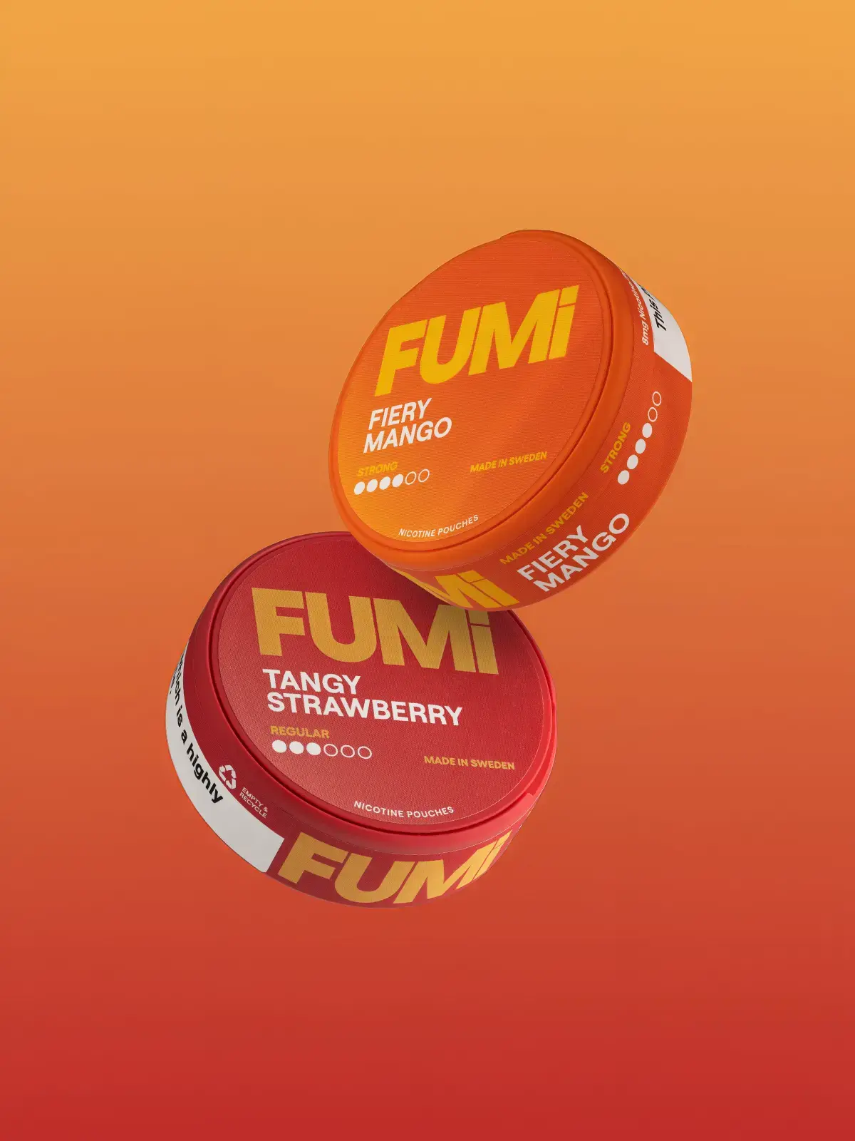 Tangy Strawberry FUMi pouches and Fiery Mango FUMi pouches floating side-by-side on an orange background