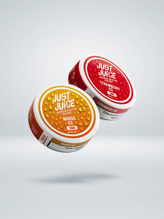 Two tubs of Just Juice nicotine pouches, one Mango Ice flavour and one Strawberry Ice flavour, floating side by side on a white background