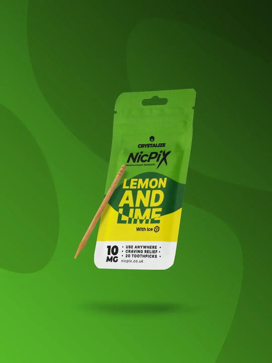 A pack of Lemon and Lime NicPix nicotine toothpicks floating on a green stylised background